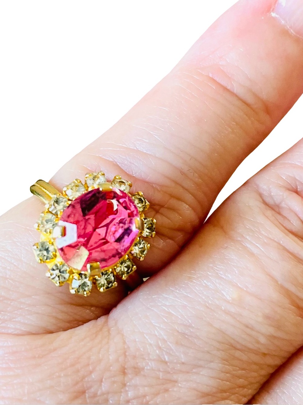 Vintage Pink Glass Adjustable Ring With Clear Rhinestone Halo